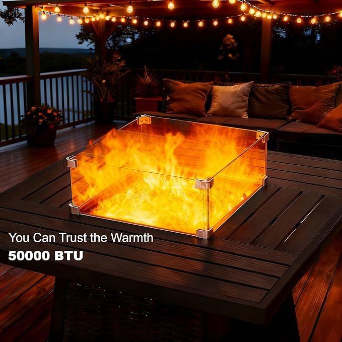 38" Outdoor Propane Fire Pit Table, 50000 BTU Gas Fire Table with Premium Metal Tabletop, Wicker Fire Pit w Rain Cover and Glass Wind Guard for Backyard,Garden,Patio