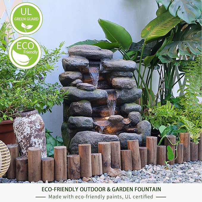 Bumilgar 23.4" H Garden Outdoor Rock Water Fountain with LED Lights, 4-Tier Cascading Waterfall Fountain, Faux Stone Resin Water Feature for Patio, Backyard & Home Decor