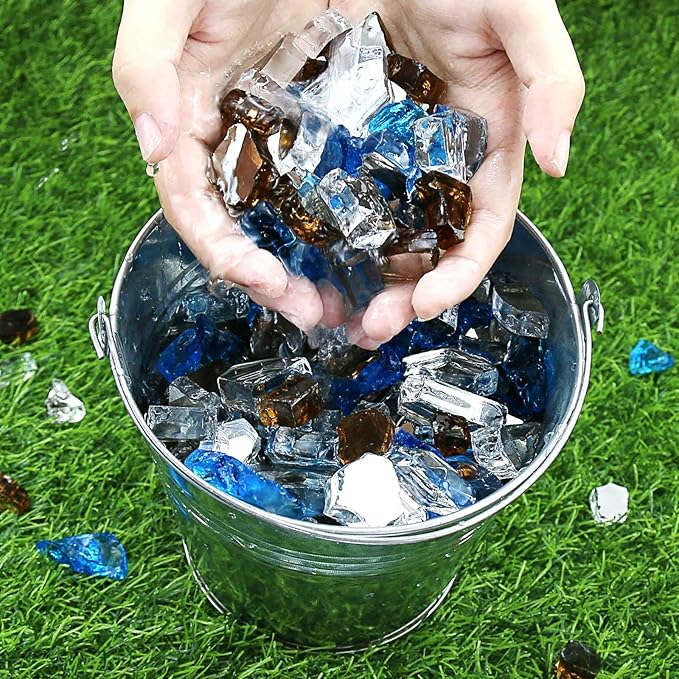 GRISUN 20 Pounds Blended Fire Glass for Fire Pit - 1/2 Inch High Luster Reflective Tempered Glass Rocks for Natural or Propane Fireplace, Safe for Outdoors and Indoors Firepit, Copper, Blue, White