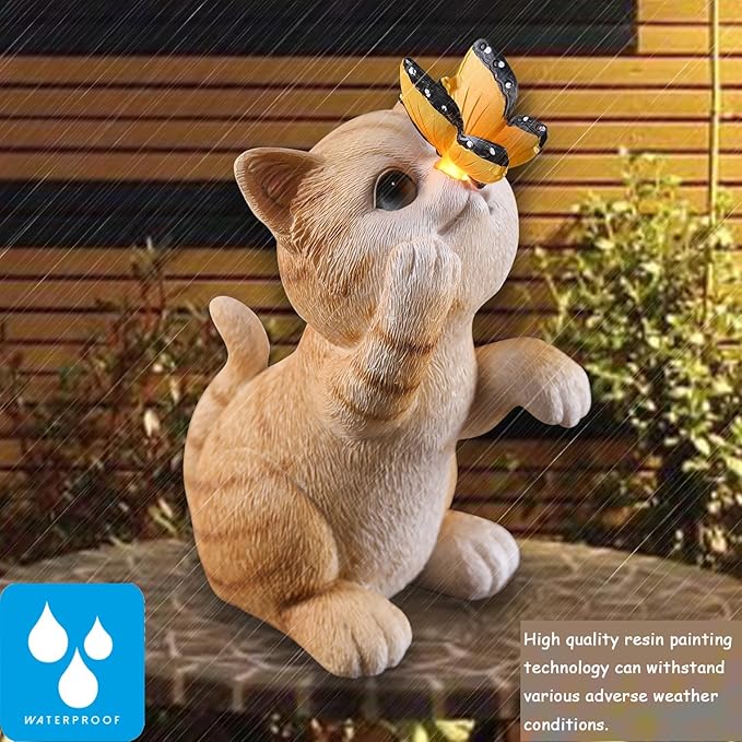 halp·ssfm Solar Garden Statue Cute Cat Figurine Fun Color Changing LED Butterfly Light Outdoor Decor Waterproof Resin Sculpture Patio Lawn Art Housewarming Gifts for Cat Lovers Women