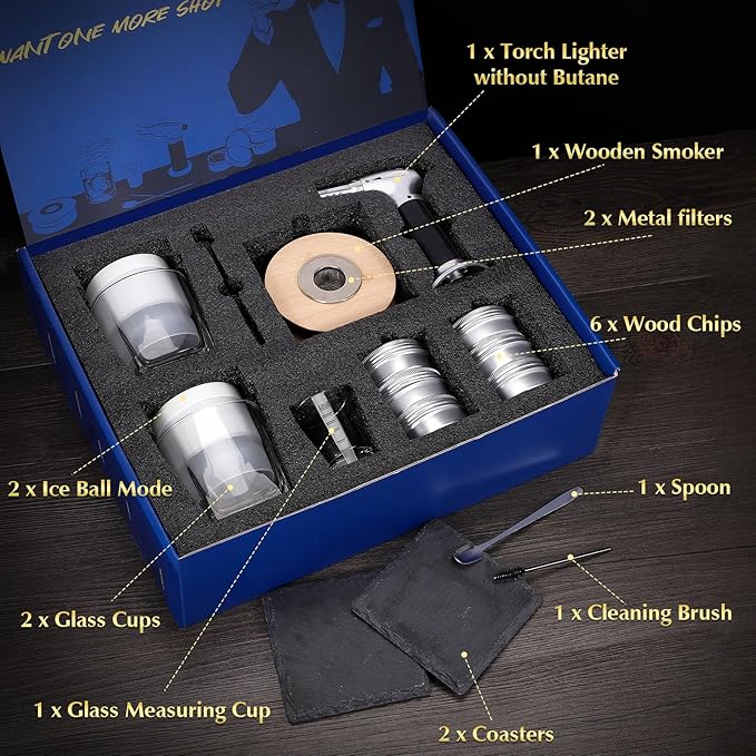 CWLAKON Cocktail Smoker Kit with Torch, 6 Flavors Wood Chips, 2 Glasses, Bourbon Whiskey Smoker Infuser Kit, Old Fashioned Drink Smoker Kit, Christmas Birthday Gifts for Men, Dad, Husband(No Butane)