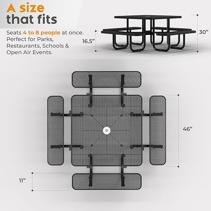 Metal Picnic Tables for Outdoors with Umbrella Hole - Coated Steel Heavy Duty Commercial Grade Furniture with Adjustable Seats (Black, 46 in, Square, Expanded Steel)