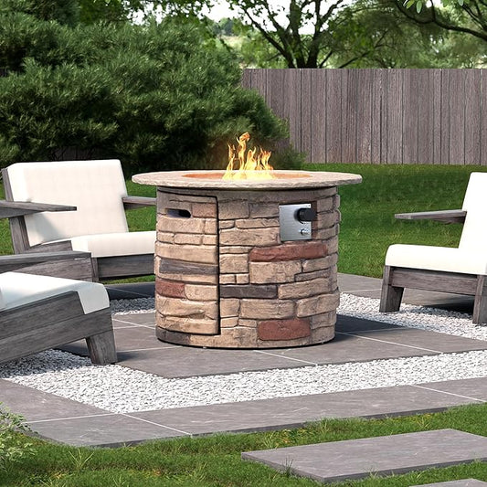 HOMPUS Outdoor Propane Fire Table, 32-inch Imitation Stone Concrete with Rain Cover and Lava Rocks - Smokeless, 40,000 BTU for Patio, Garden, Deck or Backyard