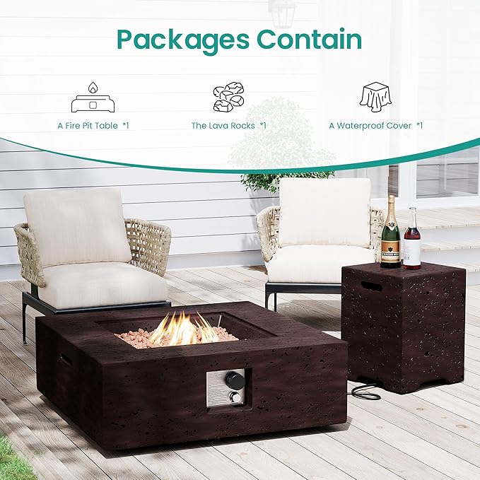 SUNBURY Outdoor Fire Pit, 35 in Square Propane Gas Patio Fire Table, 50000 BTU Firepit Table with Lava Rocks, Propane Tank Cover, Waterproof Cover (Dark Brown)