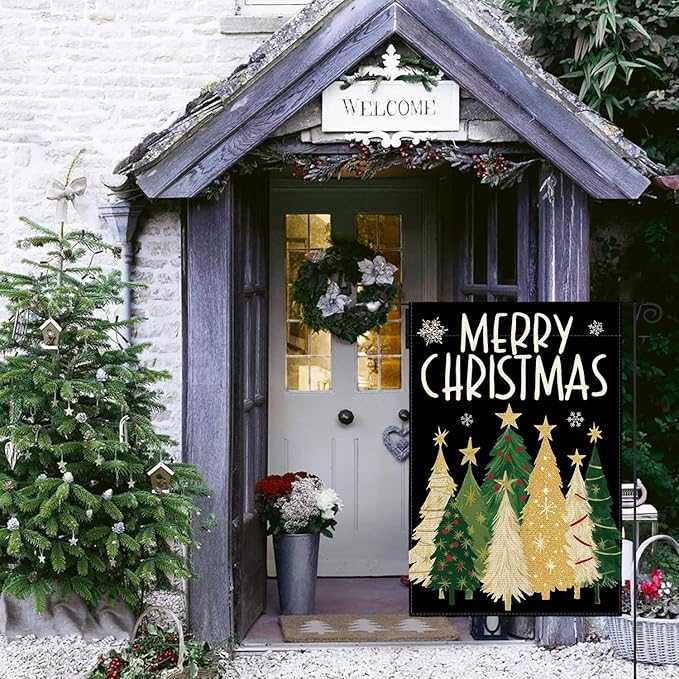 AVOIN colorlife Merry Christmas Garden Flag 12x18 Inch Double Sided Outside, Christmas Trees Winter Holiday Yard Outdoor Flag Black
