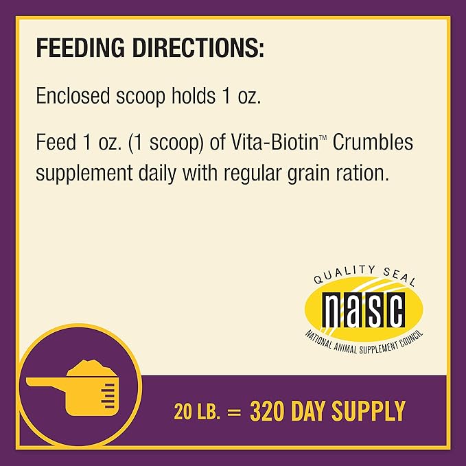 Horse Health Vita Biotin Crumbles Horse hoof Supplement, Helps Maintain Healthy, Sound Hooves and Strong hoof Walls, 20 lbs., 320 Day Supply