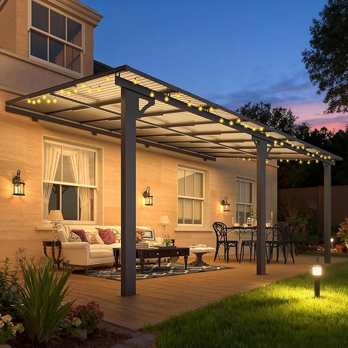 AECOJOY 10' x 16' Adjustable Height Outdoor Lean to Gazebo Pergola for Patio, Large Wall-Mounted 8.1-9.8 Ft Hard Top Metal Heavy Duty Metal Awnings Shelter Pergolas and Gazebos Clearance with Roof