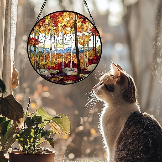 QZQCBLC Stained Glass Window Hanging Fall Birch Tree Forest Scenery Large 11.8" - Suncatcher Door Garden Sun Catcher Home Decor Birthday Christmas for Mom Men Woman Friend Nana