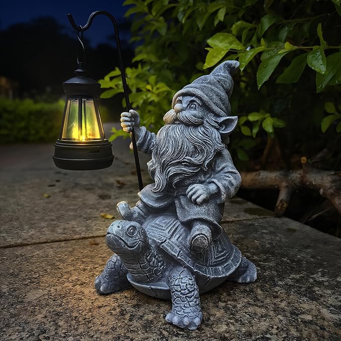 Bezseili Garden Gnome Statue Riding Turtle - Garden Gnomes Decorations with Solar LED Lights, 7.9" Outdoor Resin Figurine Ornament for Patio, Yard, Funny Lawn Decor (Gray)