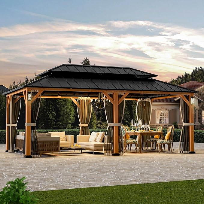 Modern Shade The Horizon Hardtop Gazebo 12' x 20' with 4 LED Lights, Permanent Outdoor Gazebo with Galvanized Steel Double Roof, Grill Pavilion with Decor Hooks, Mosquito Nettings, Wood Grain