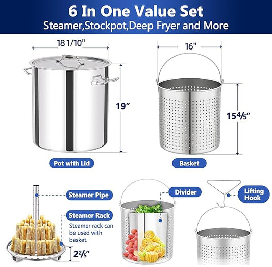ARC 84QT Stainless Steel Pot with 200,000 BTU Propane Burner - Seafood Boil Pot, Crab Boil Pot, Lobster Pot, Shrimp Boil Pot, Tamale Steamer Pot with Basket and Turkey Fryer Burner