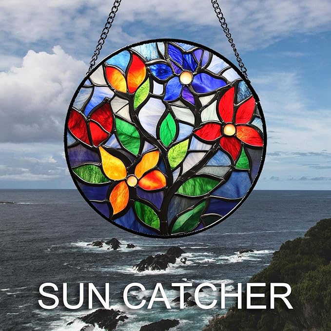 QZQCBLC Stained Glass Window Hanging Colorful Flowers and Leaves 6.3" - Suncatcher Door Garden Sun Catcher Home Decor Birthday Christmas Mother's Day for Mom Men Woman Nana Friend