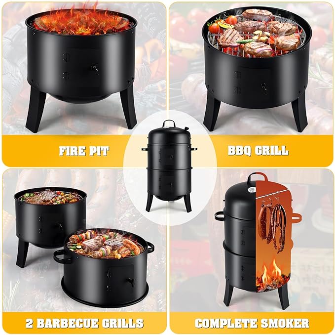 TCFUNDY 32" Vertical Charcoal Smoker Grill, Heavy-Duty BBQ Grill with Built-in Thermometer, 3 in 1 Grill and Smoker, Portable Meat Cooker with Air Vent for Outdoor Barbecue Cooking
