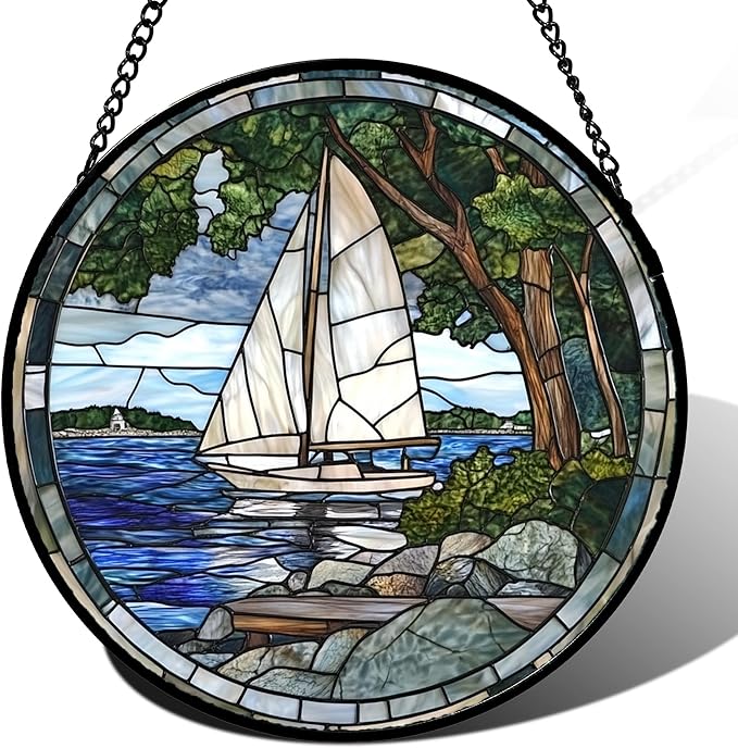 QZQCBLC Stained Glass Window Hanging Blue Ocean White Sailboat 6.3" - Nature Suncatcher Door Garden Sun Catcher Home Decor Birthday Christmas for Woman Mom Men Friend Nana