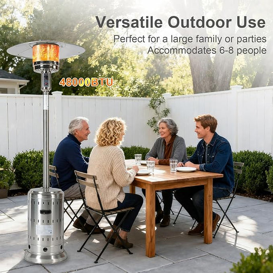 Patio Heater with Cover, 48,000 BTU Pyramid Flame Outdoor Heater, Propane, Detachable Wheels, Quartz Glass Tube for Patio, Garden, Courtyard, Park, Poolside (Silver)