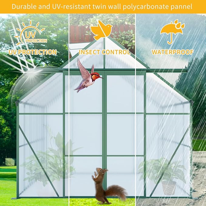 KEIKI 8x10 FT Double Door Polycarbonate Greenhouse with Aluminum Frame,Raised Base and Roof Vent,Walk-in Greenhouses for Patio Garden Backyard