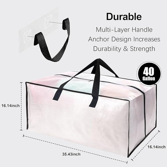 6 Pack Heavy Duty Extra Large Moving Bags W/Backpack Straps - Strong Handles & Zippers, Storage Totes For Space Saving, Fold Flat, Alternative to Box and Bin (40 gal, Semi-Transparent)