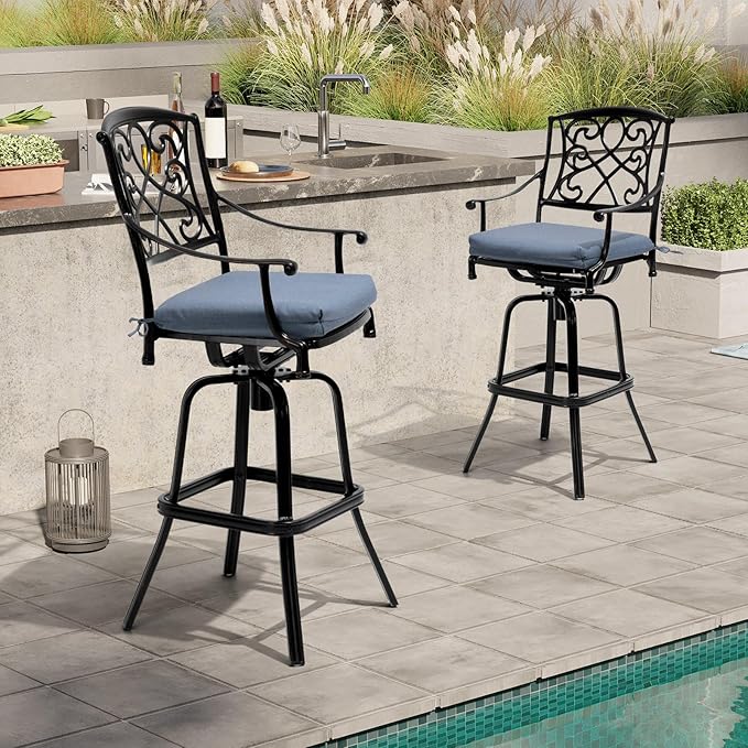 Crestlive Products Outdoor Bar Stools with Sunbrella Cushion Set of 2, 360° Swivel Patio Bar Height Chairs, All Weather Commercial Grade Furniture, Antique Brown Finish for Outside (Denim Blue)