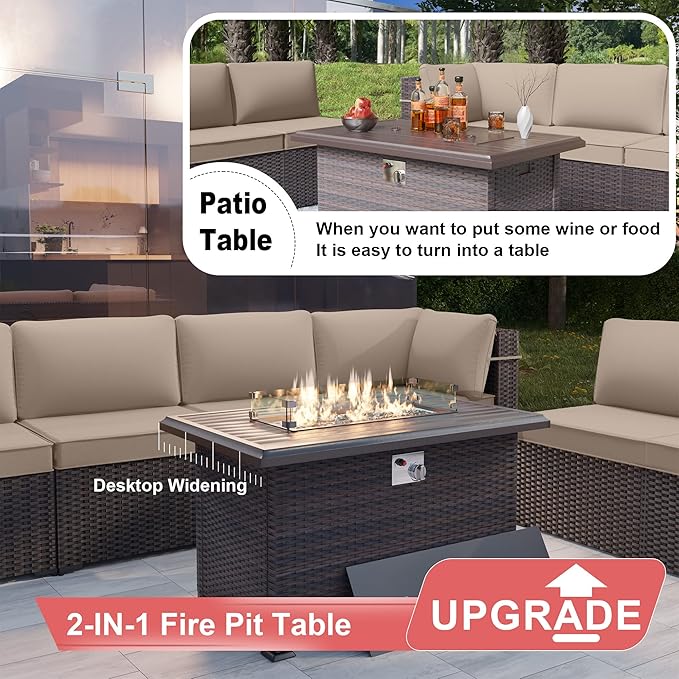 Kurapika 8 Pieces Patio Furniture Set, Rattan Wicker Outdoor Conversation Sets w/43in Propane Fire Pit Table and 4 Inch Cushion(Sand)