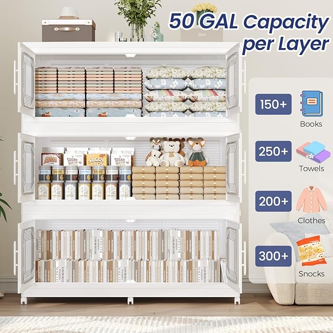 800QT Large Stackable Storage Bins with Lid, 200Gal Plastic Collapsible Closet Organizers Drawers Box with Wheels, Folding Cabinet Containers with Doors for Home Kitchen Office, 4Pack White