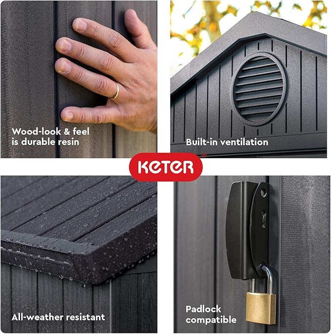Keter Darwin 4x6 Feet Outdoor Storage Shed, Graphite Gray – Lockable Resin Organizer Unit with Single Door, Window, and Skylight for Backyard, Garden, or Lawn Organization