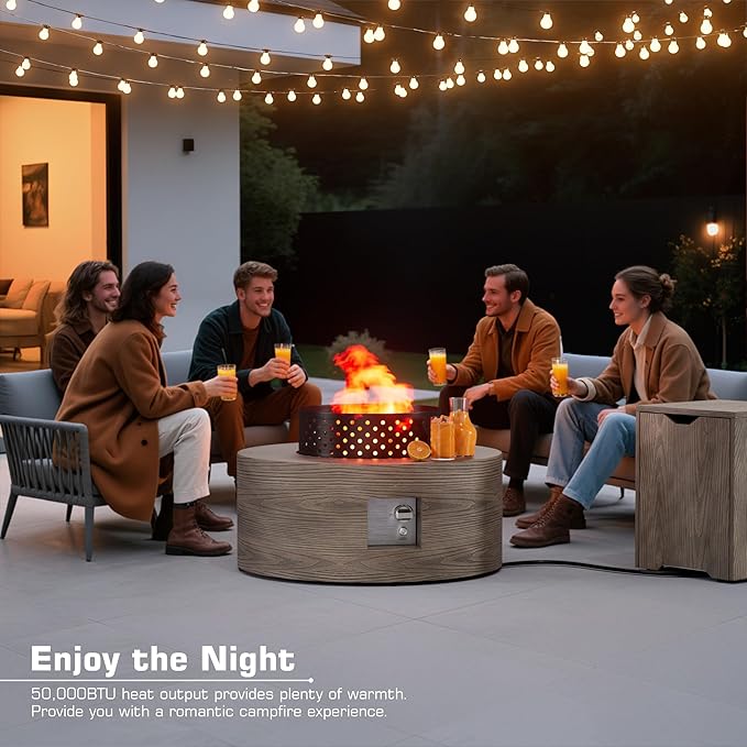 Wood Grain 30'' Patio Fire Pit Table Round, Propane Gas Fire Table 50,000 BTU, Outdoor Firepit & Fireplace for Patio, Brown