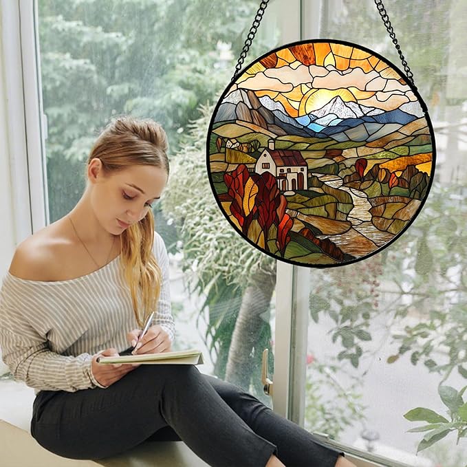 QZQCBLC Stained Glass Window Hanging Farm Pastoral Scenery 6.3" - Sunrise Suncatcher Door Garden Sun Catcher Home Decor Birthday Christmas for Mom Men Woman Nana Friend Wife