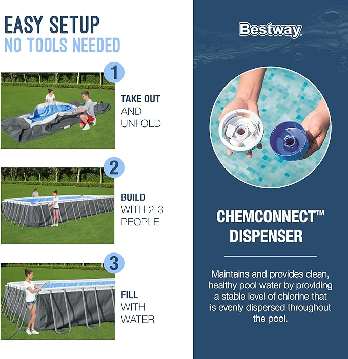Bestway Power Steel 24' x 12' x 52" Rectangular Metal Frame Above Ground Swimming Pool Set with 1500 GPH Sand Filter Pump, Ladder, and Pool Cover