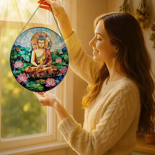 8-Inch Buddha Stained Glass Suncatcher & Ornament, Stained Glass Window Hanging, Sun Catcher Window Decor, Namaste Decor — Gifts for Buddhist & Yoga Lover, Gifts for Christmas, Birthday & Housewarming