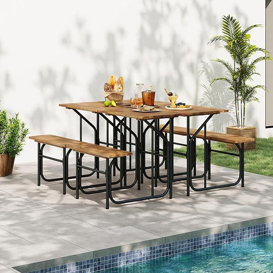 Tangkula Patio Dining Bench Set, Heavy-Duty Outdoor Acacia Wood Dining Furniture with Metal Legs for Balcony, Backyard, Poolside, Garden (2,32” x 27.5” x 29.5”)