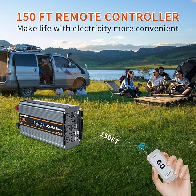 3000 watt Power Inverter DC 12V to AC 110V/120V Converter,6000w Peak.Comes with LCD Display,Wireless Controller,4AC outlets,4 USB.RV Inverter,Suitable for Camping,and Off-Grid Solar Inverter Systems