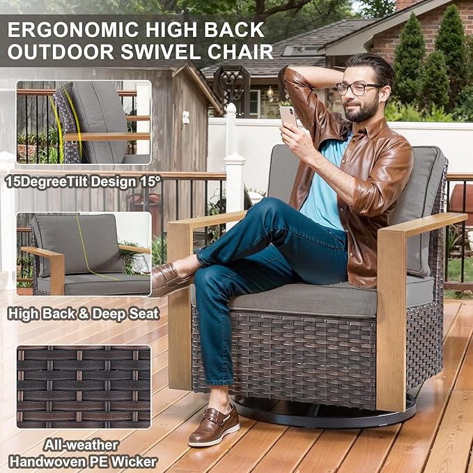 Belord Outdoor Swivel Rocker Chairs Set of 2 With Metal Wide Armrests, Patio Wicker Chairs, Glider Furniture for Porch Deck Sunroom Backyard