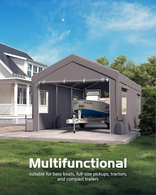 GarveeLife 10x20 ft Heavy-Duty Carport, Portable Garage with 200G Canopy Top - Waterproof and 200 Sidewall Curtains, Sandbags, and Reinforced Stakes for Carport, Outdoor Shade, and Event Use, Grey