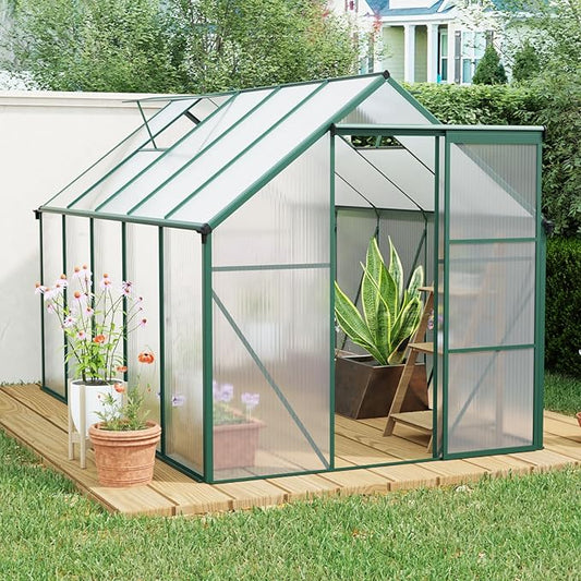 6×10 FT Polycarbonate Greenhouse for Outdoors with Raised Base & Anchor, Heavy-Duty Walk-in Aluminum Green House Kit with Sliding Door & Roof Vent, Outdoor Greenhouse for Backyard Garden, Green