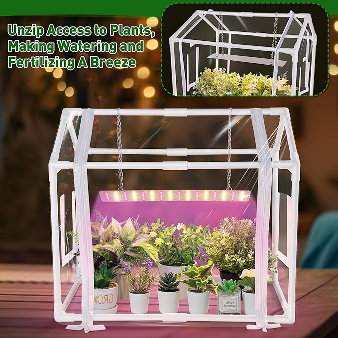 Meonum Mini Greenhouse with Grow Light for Indoor, 23.6"x15.7"x19.6" Tabletop Small Greenhouse Kit with 15W Plant Dimmable LED Grow Lights and Timer, 3 Light Color Mode for Seed Starter Tray