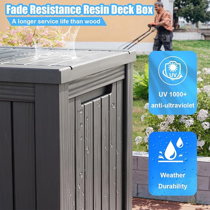 Vixzen 200 Gallon Resin Deck Box, Lockable Outdoor Storage Box for Patio Cushions Storage Furniture,Garden Tools, Pool Supplies, Weatherproof and UV Resistant- Grey
