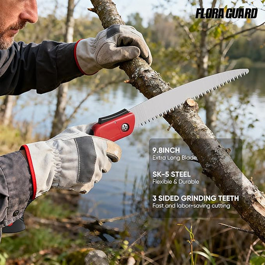 FLORA GUARD Folding Pruning Saw, 10-Inch Folding Hand Heavy Duty Saw with Multi-Level Razer Teeth for Camping, Tree Trimming, Wood Cutting, Gardening Tools (Red-10")