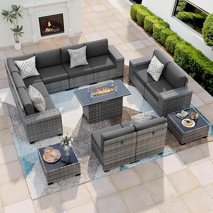 13 Piece Patio Furniture Set with Fire Pit Table, Outdoor Conversation Sets Grey Wicker Rattan Sectional Sofa, 4'' Thickened Cushion Dark Grey (Include Waterproof Cover)
