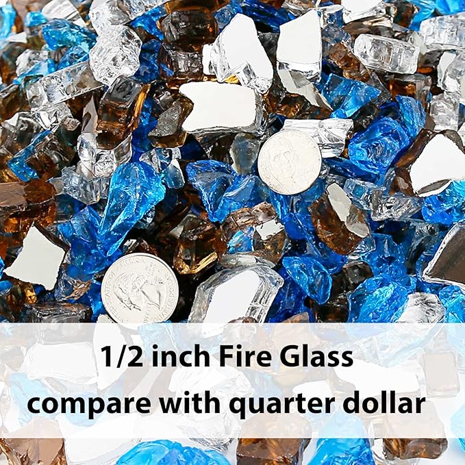 GRISUN 20 Pounds Blended Fire Glass for Fire Pit - 1/2 Inch High Luster Reflective Tempered Glass Rocks for Natural or Propane Fireplace, Safe for Outdoors and Indoors Firepit, Copper, Blue, White