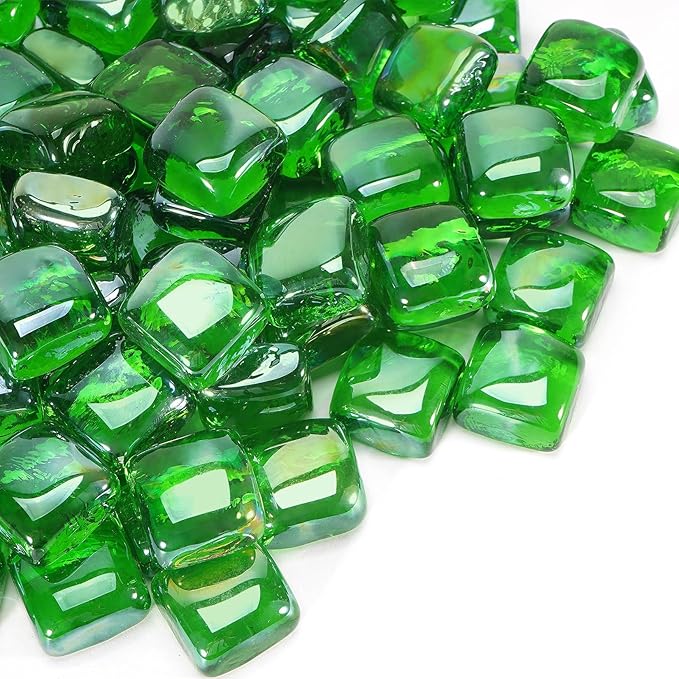 Fire Pit Glass Rocks Square, Fire Glass Cubes, Tempered Beads for Fireplace, Firepit Table Indoor or Outdoor, Replacing Traditional Burning Wood 20 pounds, Green Reflective