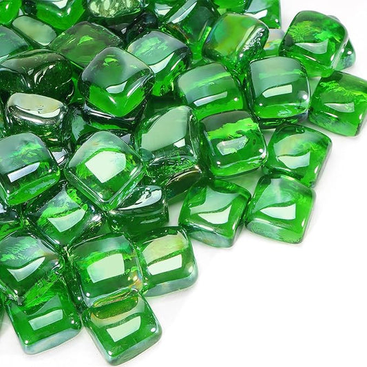 Fire Pit Glass Rocks Square, Fire Glass Cubes, Tempered Beads for Fireplace, Firepit Table Indoor or Outdoor, Replacing Traditional Burning Wood 20 pounds, Green Reflective