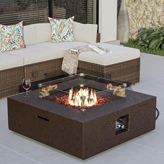 COSIEST Outdoor Propane Fire Pit Coffee Table w Square Faux Stone 35-inch Base, Certified, 50,000 BTU Stainless Steel Burner, Free Lava Rocks and Rain Cover, Wind Guard, Brown