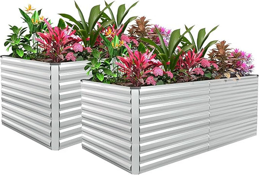 FOOWIN 2pcs 6x3x3ft Galvanized Raised Garden Bed, Planter Raised Garden Boxes Outdoor, Large Metal Raised Beds for Gardening, Garden Bed for Vegetables, Flowers, Herb, Silver