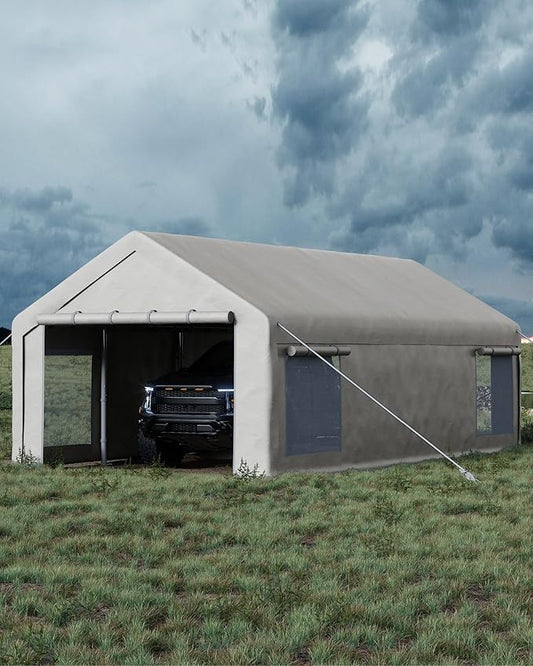 13x25 FT Carport,Heavy-Duty Carport with 4 Roll-Up Windows & Doors, Portable Garage 200g PE Tarp, Waterproof & UV Protected Outdoor Shelter for Car, Boat, Truck, Motorcycle