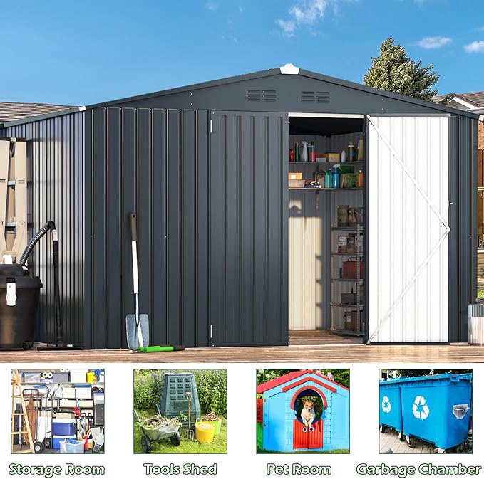 AECOJOY Shed 10'x10' Storage Shed, Large Metal Storage Sheds & Outdoor Clearance, Steel Backyard Shed with Lockable Doors, Utility and Tool Storage for Garden, Patio, Outside Use in Dark Grey