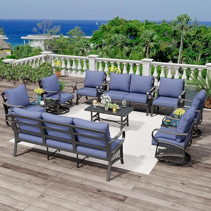 11 Piece Patio Furniture Set, 4 Single Swivel Chairs, Rope Braided Exposed with Thick Cushions, Outdoor All Weather Patio Conversation Sectional Sofa Set for Garden, Porch, Lawn, Blue