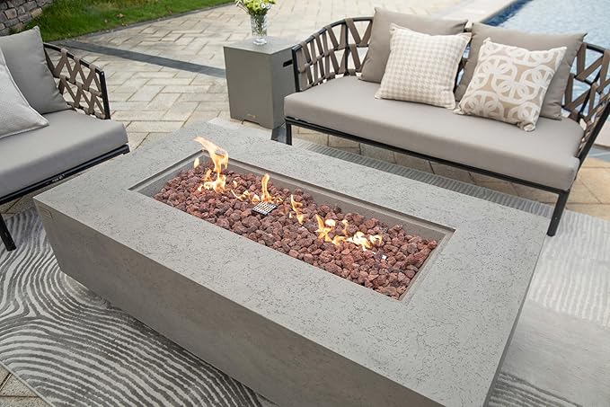 AMS Creations | Madison 60" Bundle Rectangular Natural Gas Outdoor Fire Pit Table | Light Gray Concrete GFRC | Limestone Texture or Surface | Electronic Ignition | Outside Backyard Fireplace