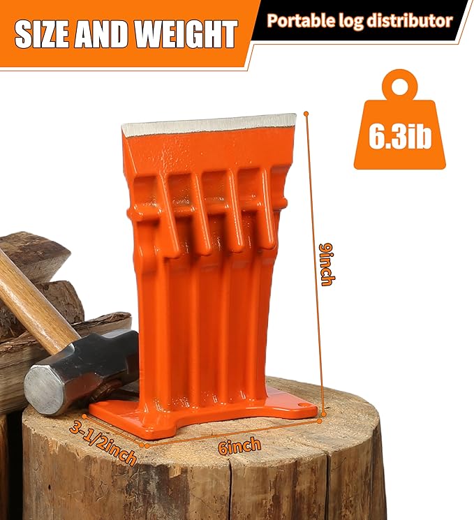 Firewood Kindling Log Wood Splitter – No Axe! Wedge Point Splits Firewood, 6 Inch, Orange with Safety Cover