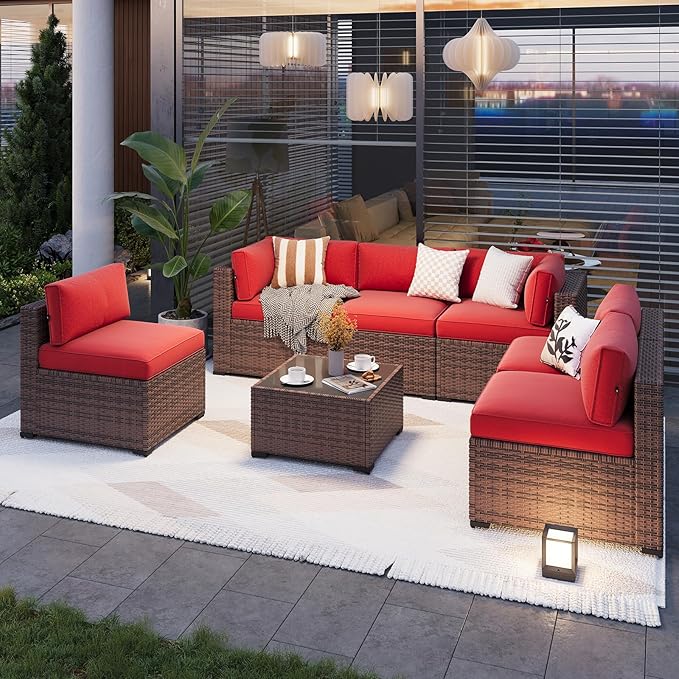 Aoxun Patio Furniture Sets, 7-Piece Outdoor Patio Furniture with Thick Cushions, Wicker Outdoor Conversation Set Sectional Sofa for Backyard, Poolside, Garden