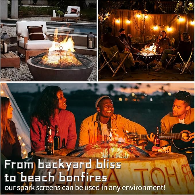 Fire Pit Spark Screen, Outdoor 40 Inch Round Fire Pit Screen with Foldable Hook and Marshmallow Sticks, Heavy Duty Steel Mesh Fire Pit Cover for Backyard, Beach, RV Camping